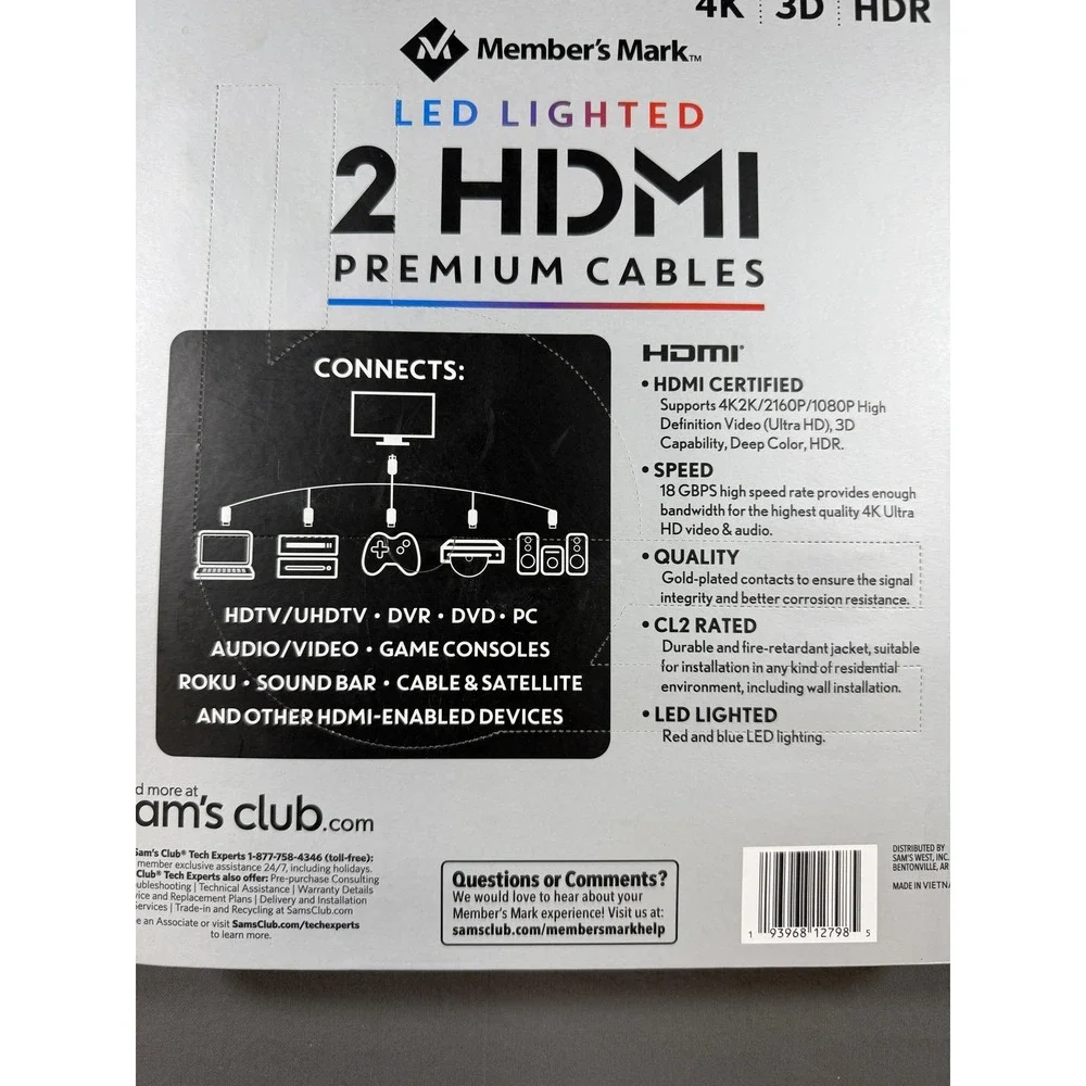 Member's Mark LED Lighted Premium HDMI Cables 2 Pack 9ft Black 4K 3D HDR